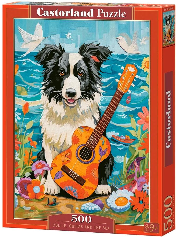 Collie med guitar på stranden, 500 brikker