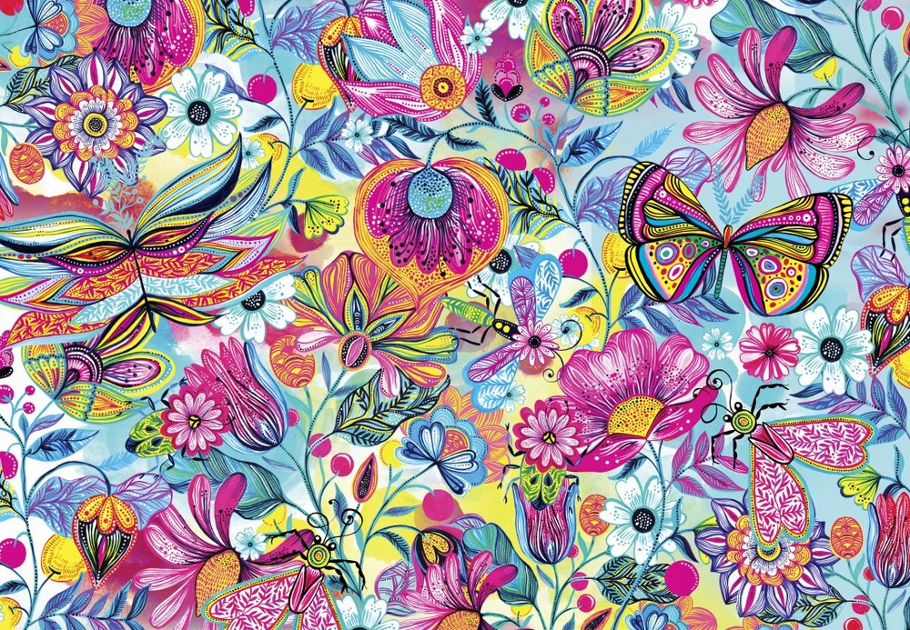 Farverige blomster og sommerfugle, 1000 brikker