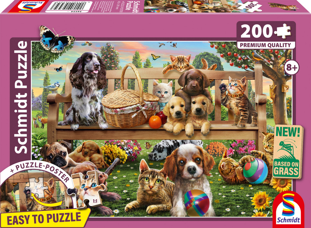Katte og hunde hygger i haven, 200 brikker
