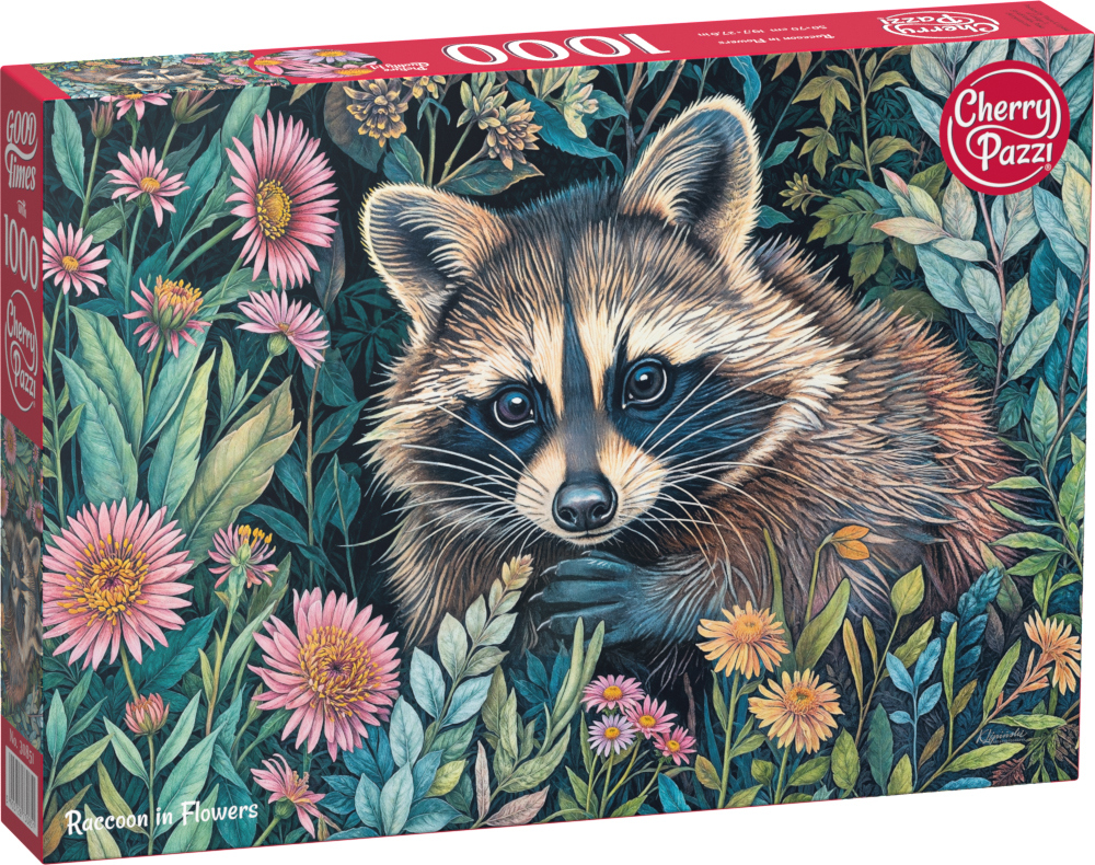 Vaskebjørn blandt blomster, 1000 brikker