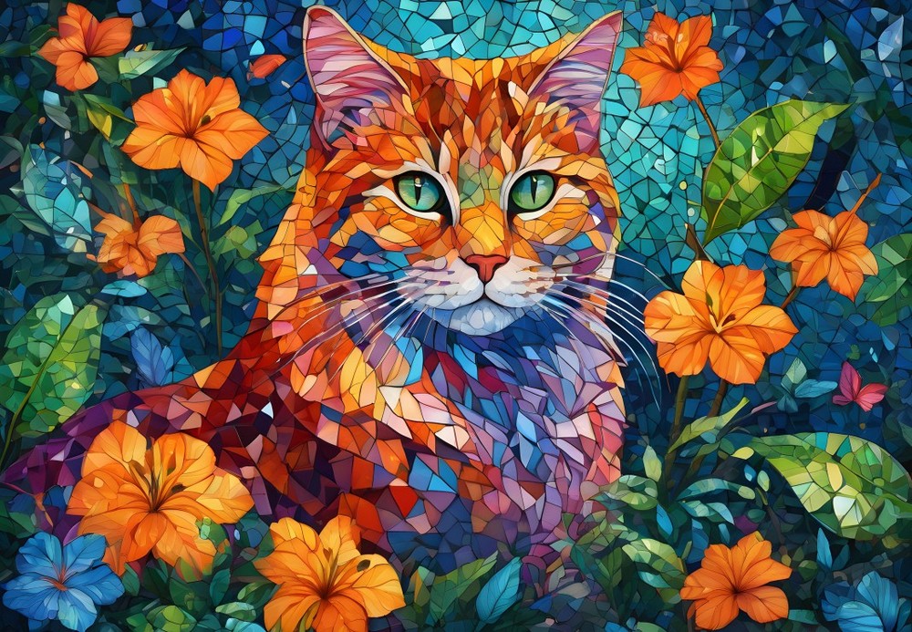 Farverig kat i blomsterhaven, 1000 brikker