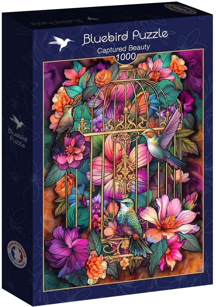 Kolibrier i gyldent blomsterbur, 1000 brikker