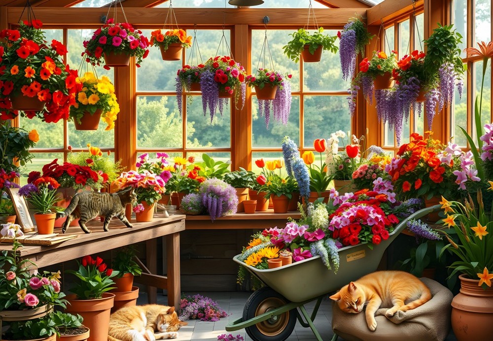 Drivhuset med blomster og katte, 1000 brikker