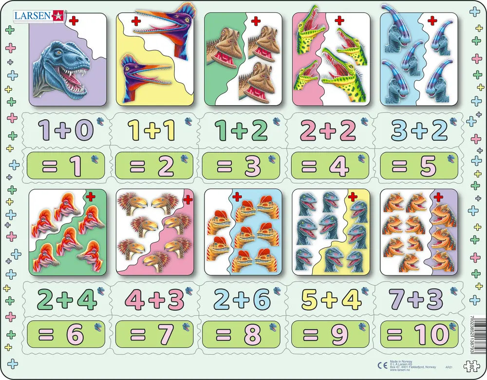Matematik: Plus stykker med dinosaurer - Rammepuslespil, 20 brikker