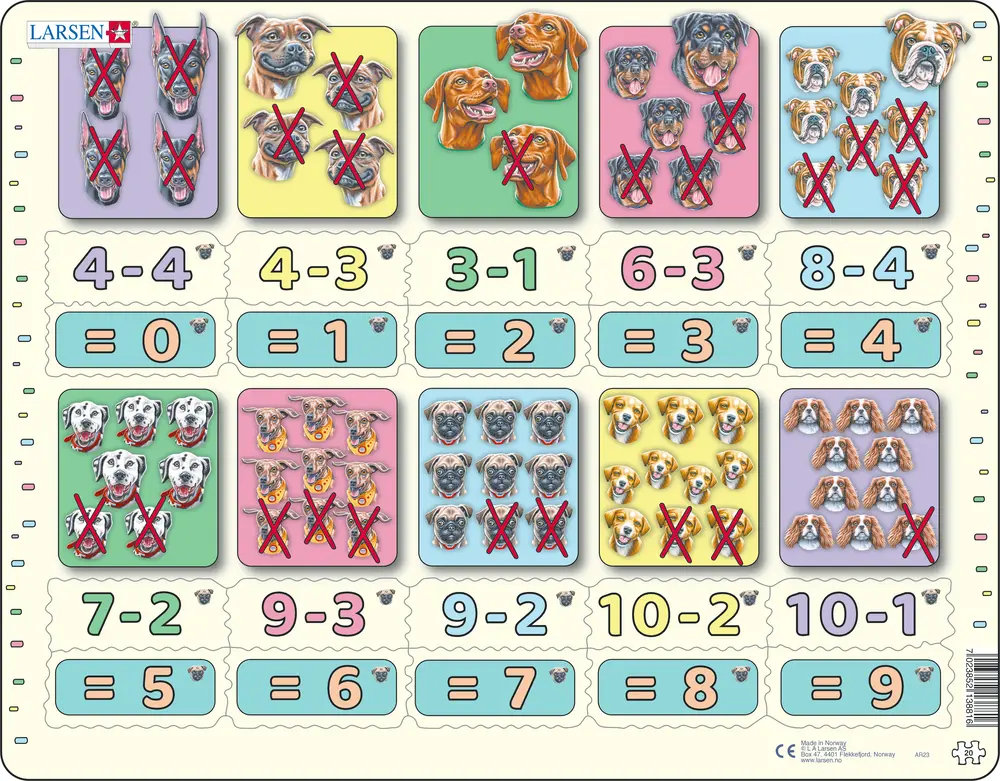 Matematik: Minus stykker med hunde - Rammepuslespil, 20 brikker
