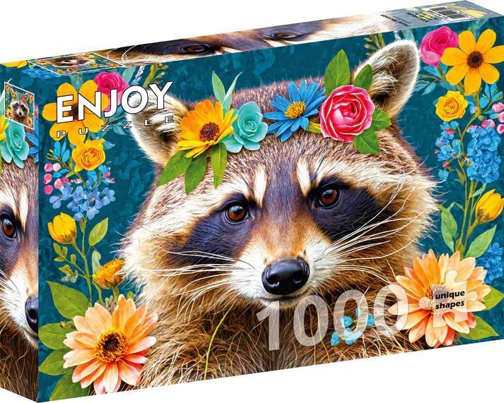 Vaskebjørn med blomsterkrans, 1000 brikker