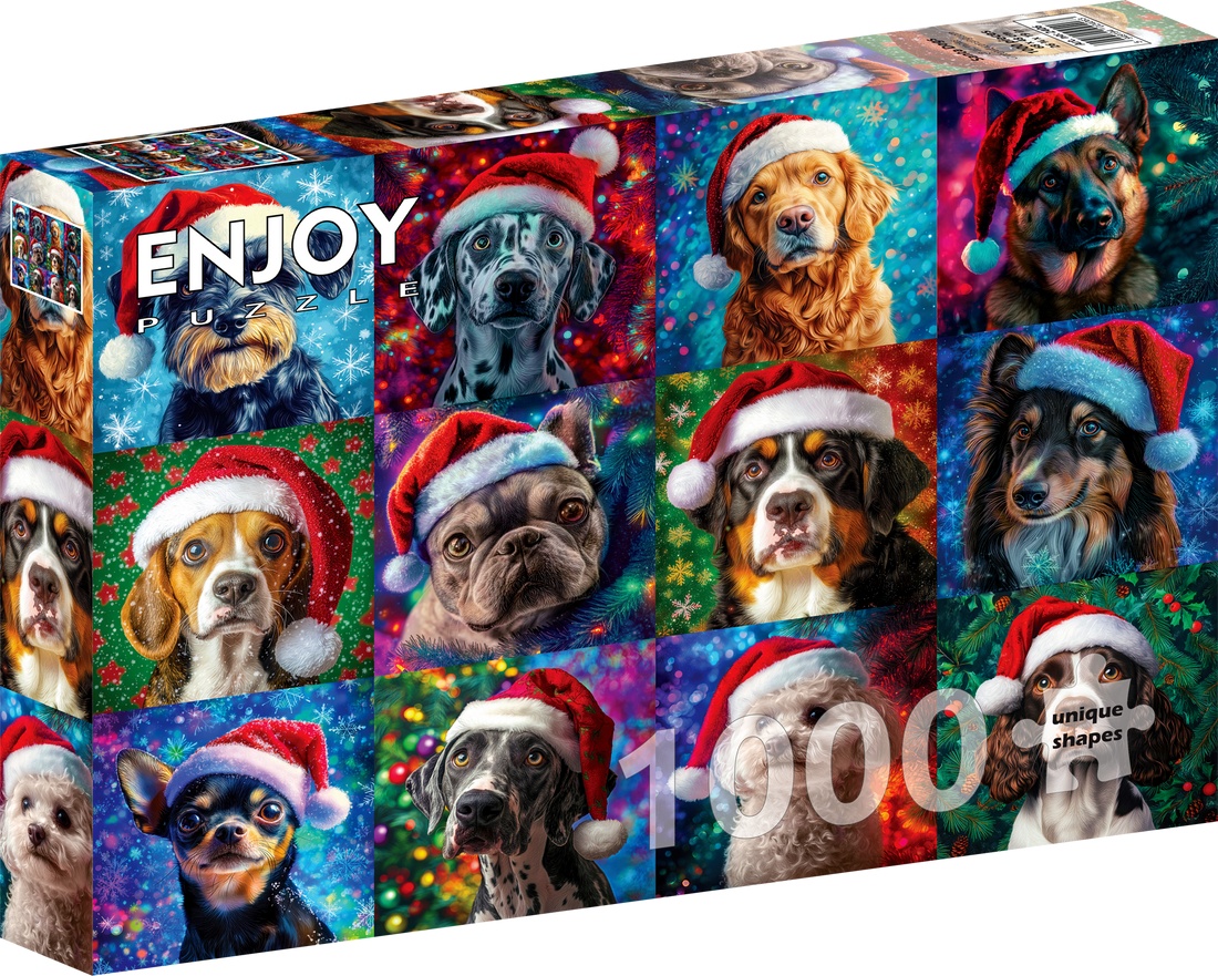 Julehunde med nissehuer, 1000 brikker
