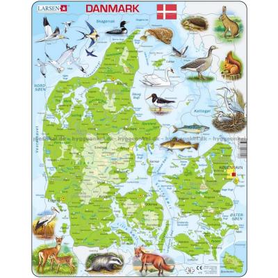 Danmarkskort med dyr - Rammepuslespil, 66 brikker