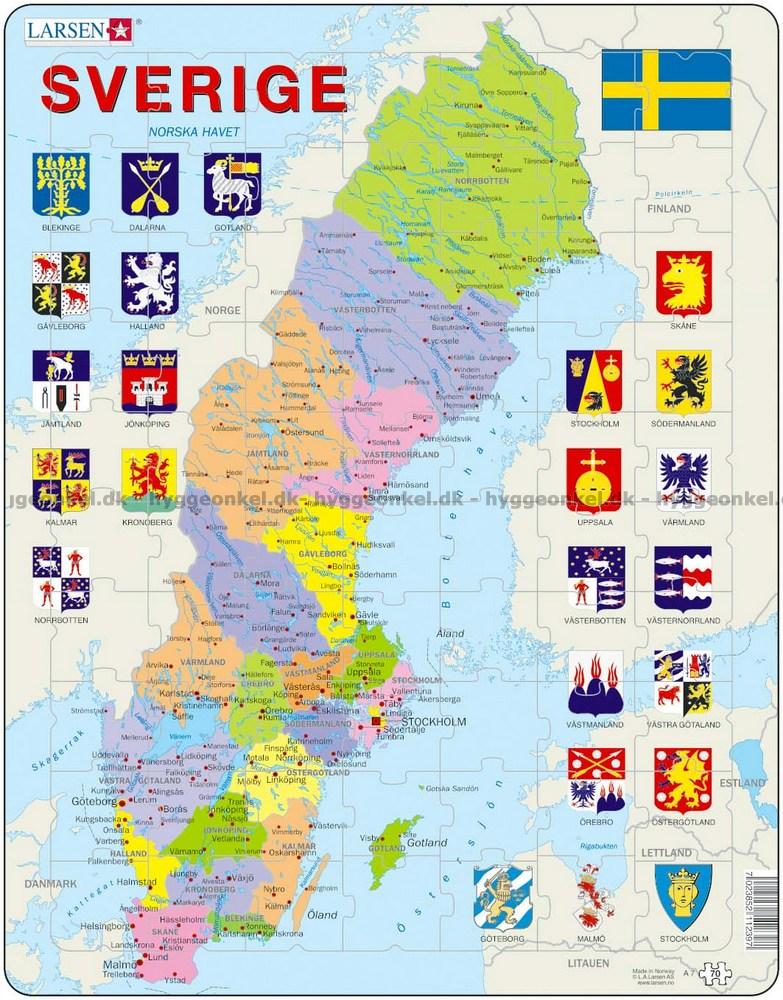 Kort Over Sverige Kort over Sverige   Rammepuslespil, 70 brikker Kort Over Sverige