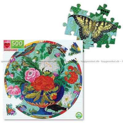 Billede af Broderi med blomster og fugle - Rundt puslespil, 500 brikker