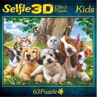 Selfie: Hunde og katte - 3D effekt, 63 brikker