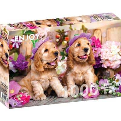 Spaniel hvalpe med blomsterhatte, 1000 brikker