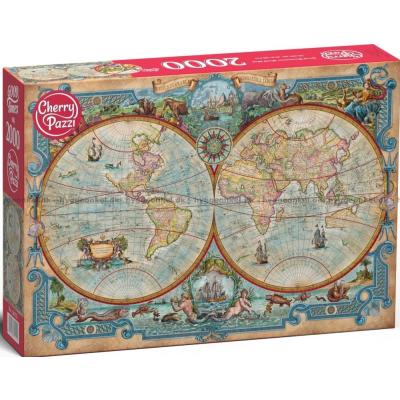 Farvestrålende antikt verdenskort, 2000 brikker