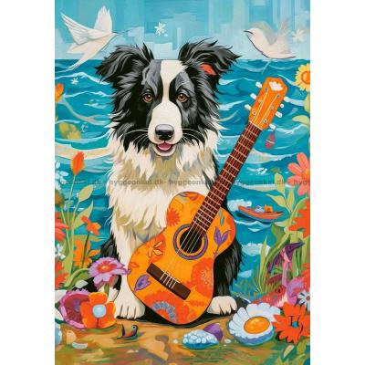 Billede af Collie med guitar på stranden, 500 brikker