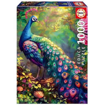 Påfuglens fjerpragt blandt blomster, 1000 brikker