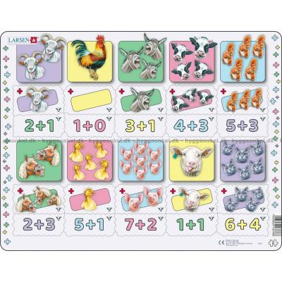Matematik: Plus stykker med bondegårdens dyr - Rammepuslespil, 20 brikker