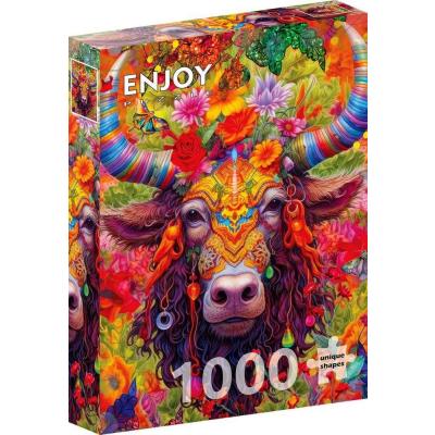 Billede af Farverig tyr blandt blomster, 1000 brikker