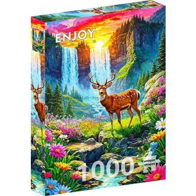 Billede af Hjorten ved vandfaldet og de vilde blomster, 1000 brikker