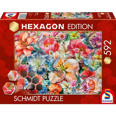 Billede af Hexagon: Farverige blomster og fugle, 592 brikker