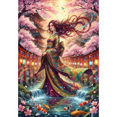 Billede af Kimono blandt kirsebærblomster, 1000 brikker